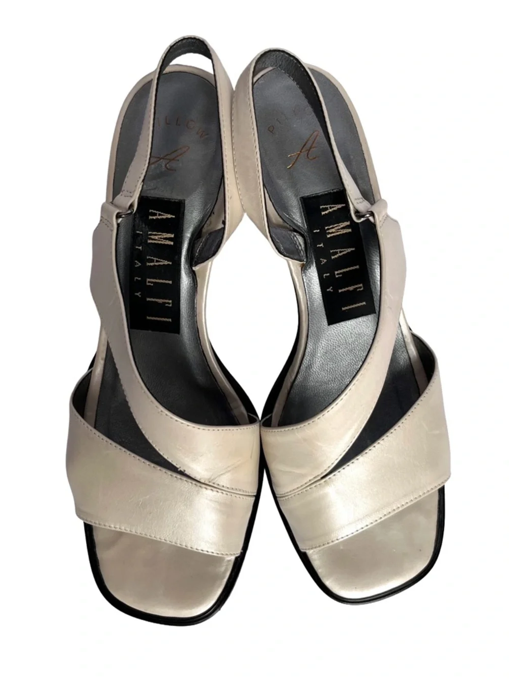 Vintage Y2K Amalfi Italy Pearl Ivory Leather Heels 6.5 Square Toe Slingback - Picture 3 of 11